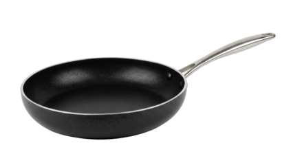 Modern empty black nonstick frying pan with sleek metal handle for delicious home cooking on black background