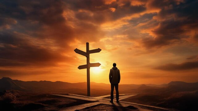 A solitary figure stands at a crossroads, silhouetted against a breathtaking sunset, evoking.
