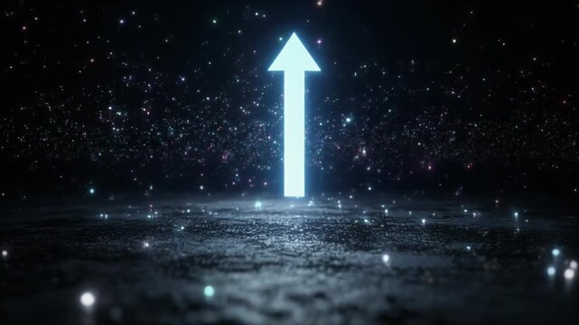 A glowing arrow ascends above a dark, textured surface, surrounded by shimmering particles,