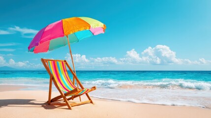 A vibrant beach scene featuring a colorful umbrella and a striped deck chair on sandy shores, with clear blue skies and gentle waves.