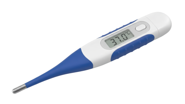 Accurate modern digital medical thermometer displaying 37 degrees Celsius normal healthy body temperature isolated - Powered by Adobe
