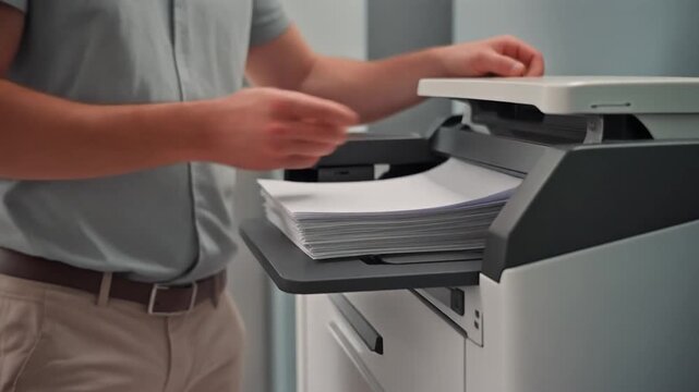 Man places stack of paper into office printer tray for scanning. Person uses modern copying