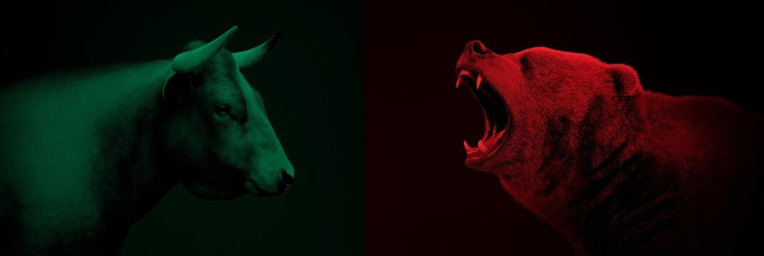 Bull and bear market financial trends concept. Bull and bear symbols depicting contrasting financial market movements and investment strategies - Powered by Adobe