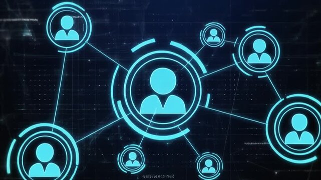 Abstract network connects glowing human icons on dark digital background. Data flow links