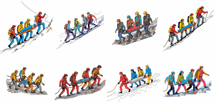 Collection of vector illustrations depicting alpine rescue teams carrying an injured person on a stretcher up and down steep mountain slopes.