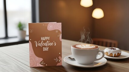 A "Happy Valentine's Day" card stands beside a steaming cup of coffee and a sweet donut on a wooden table in a warm cafe.