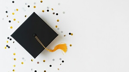 Black Graduation Cap with Gold Tassel on White Background Confetti Celebration Graduation Ceremony Academic Achievement Commemoration