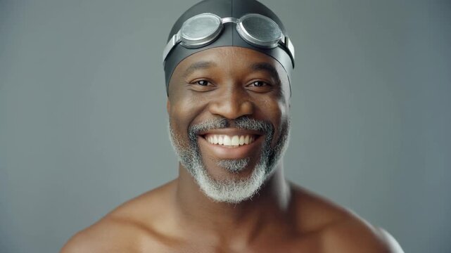 A joyful senior Black man with a distinguished grey beard, wearing swimming goggles and a cap, beams confidently into the camera, showcasing an active and healthy lifestyle. Video 4k