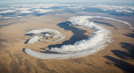 Aerial View of Swirling Clouds Over Arid Landscape
