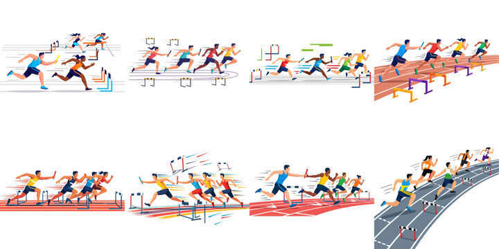 Dynamic vector set of athletes performing in track and field events, including hurdle races and relay baton passing, illustrating teamwork and competition.