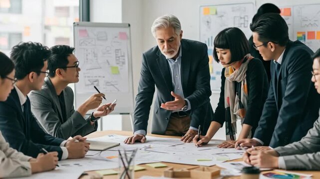 Business Team Discussing Project in Office Meeting Room with Documents