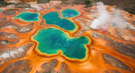Aerial View of Vibrant Geothermal Pools and Steam