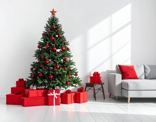Festive Christmas Scene: A beautifully decorated Christmas tree, adorned with shimmering ornaments, stands proudly in a cozy living space, surrounded by wrapped presents, evoking warmth, joy.