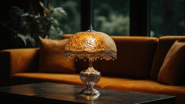 Ornate table lamp with ornate shade illuminates a plush sofa.