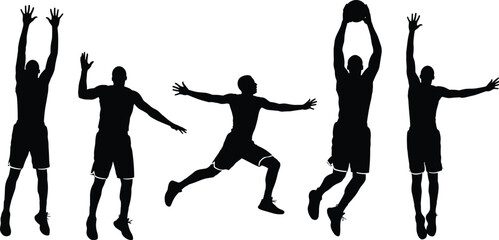 Basketball player silhouettes jumping and shooting isolated on white background, dynamic sports action poses set for design advertising branding illustration