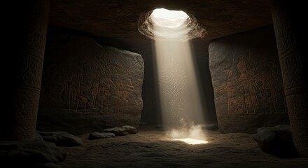 Ancient Cave Interior with Hieroglyphs and Light Beam