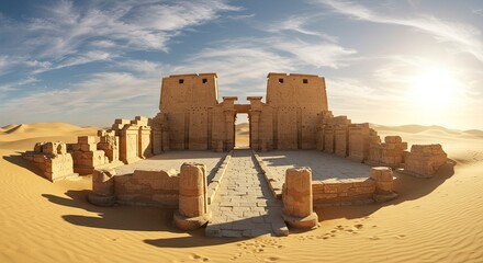 Ancient Egyptian Temple Ruins in Desert Landscape