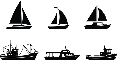 Boat silhouettes, sailboat icons, motorboat shapes, nautical vector, marine transport, fishing trawler, yacht graphic, tugboat illustration, black design, isolated set