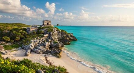 Ancient Mayan Ruins Overlooking Turquoise Caribbean Sea