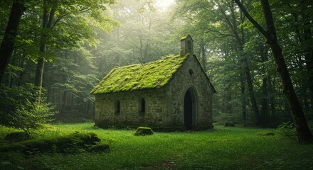 Ancient Stone Chapel Covered in Moss in Enchanted Forest