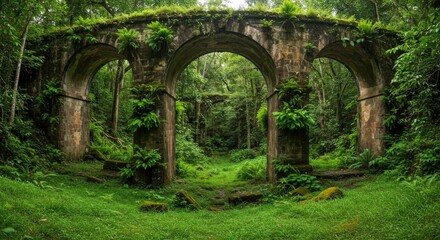 Ancient Stone Arches Overgrown with Lush Green Forest Ferns