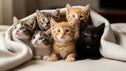 Adorable kittens huddled together under a cozy blanket, looking cute