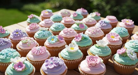 Assortment of Decorative Cupcakes with Floral Icing