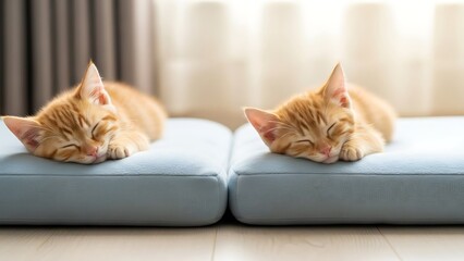 Two adorable ginger kittens sleeping peacefully on a blue cushion indoors