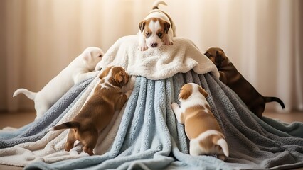 Adorable puppies playing on a cozy blanket in a warm, inviting setting
