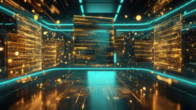 Futuristic Digital Data Center with Neon Lights and Glowing Circuits. - Powered by Adobe