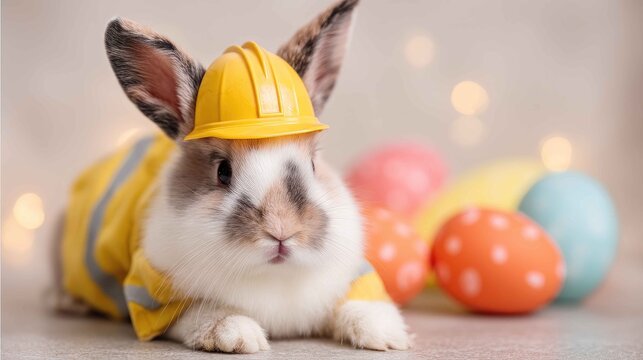 Adorable bunny in construction hat and vest with colorful eggs