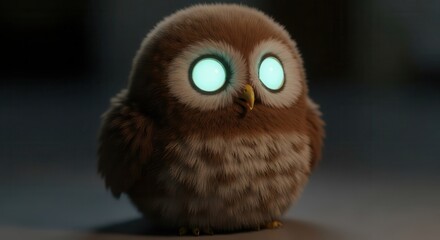 Obraz premium Fluffy, round bird creature features bright, glowing circular eyes in dim lighting