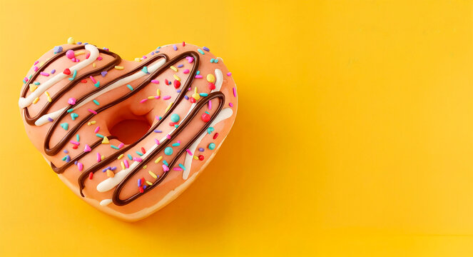 Heart-shaped donut with pink icing, chocolate and white drizzle, and colorful sprinkles on a bright yellow background. - Powered by Adobe