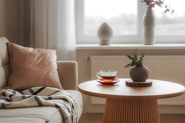 Naklejka premium Cozy Living Room Ambiance: A serene living room setup features a comfortable sofa adorned with a soft pillow and throw blanket, a round coffee table with a teacup and decorative elements.