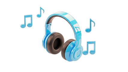 Blue Headphones with Musical Notes on White Background