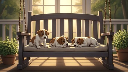 Three adorable Jack Russell terrier puppies relaxing on a porch swing