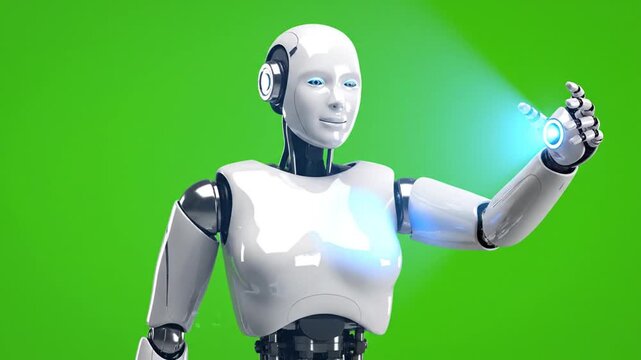 CGI Humanoid Robot with White Panels Silver Joints Posing and Pointing on Green Screen Background isolated and Ready for Chromakey and Compositing