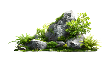 Rocks and Green Plants Arrangement on transparent Background for Nature Design