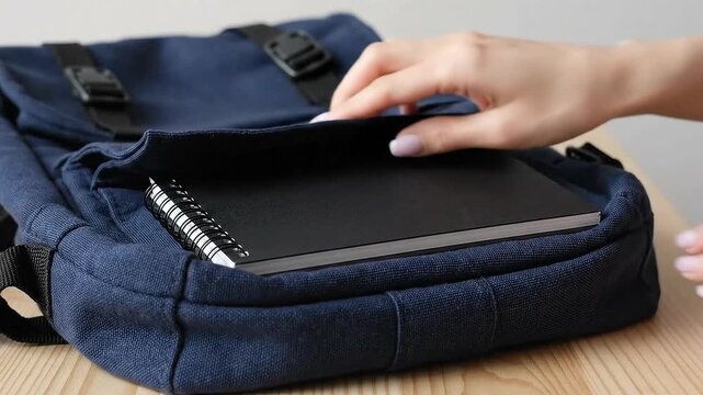 Close-up of a hand placing a black notebook into a dark blue backpack with textured front pockets on a light wooden surface, representing