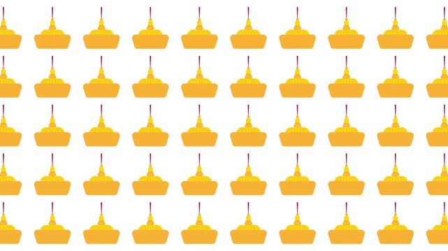 Repeating pattern of golden chedis pagodas on white background. Perfect for travel brochures, cultural event posters, or wallpaper designs.