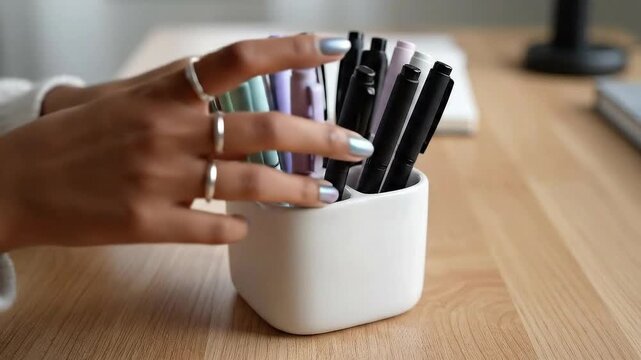Close up of a hand with rings selecting a black pen from a white holder filled with assorted pens on a wooden desk