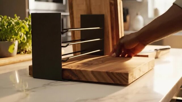 Close up of a person's hand placing a wooden cutting board into a modern black kitchen knife block organizer on a marble countertop with natural