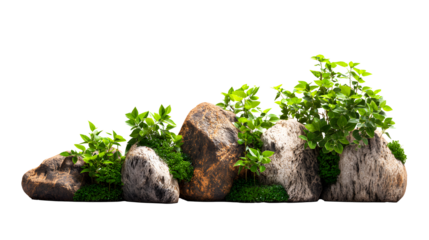Rocks and Green Plants Arrangement on transparent Background for Nature Design