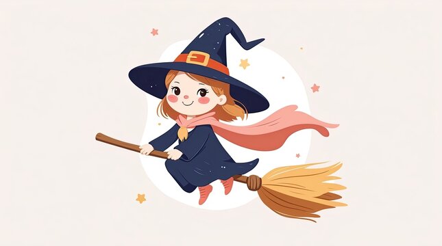 Adorable Little Witch Flying on a Broomstick