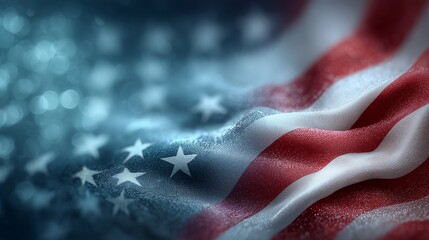 American flag close up. Wavy fabric texture of USA flag with visible stars and red and white stripes, soft focus background, patriotic theme, horizontal composition, no people.
