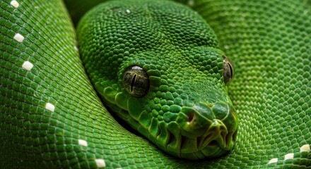 Obraz premium Close-up Macro Shot of a Green Tree Python's Head and Scales