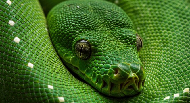 Close-up Macro Shot of a Green Tree Python's Head and Scales