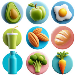 Vibrant 3d Healthy Food Icons Set for Balanced Nutrition