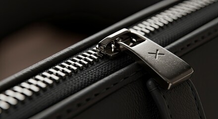 Close-up of a Black Leather Zipper Pull with an Etched X Detail