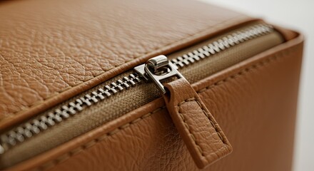 Close-up of a Brown Leather Bag with Silver Zipper Detail